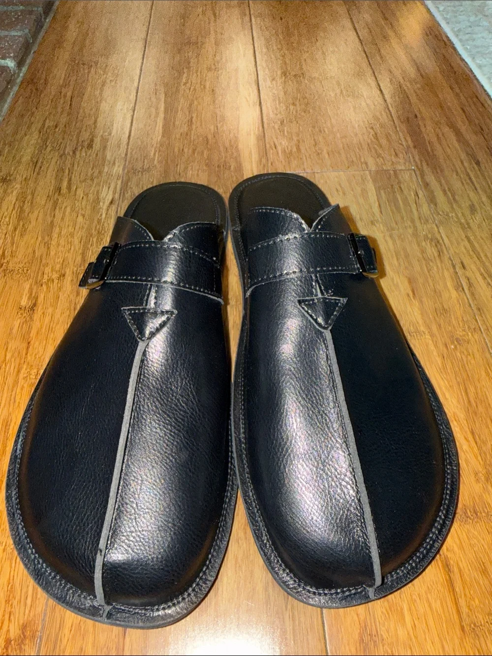 Men's Black Leather Slip-On Mule with Buckle Accent